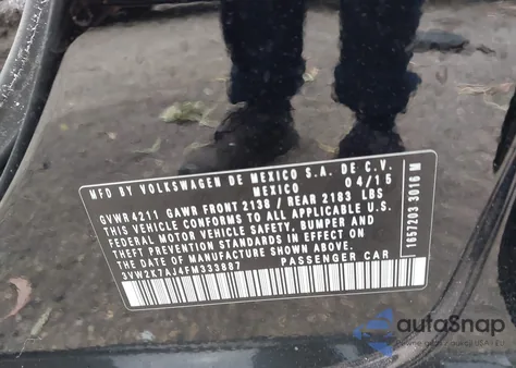 2015 Volkswagen Jetta 2.0L S z USA, uszkodzony, nr VIN 3VW2K7AJ4FM333887